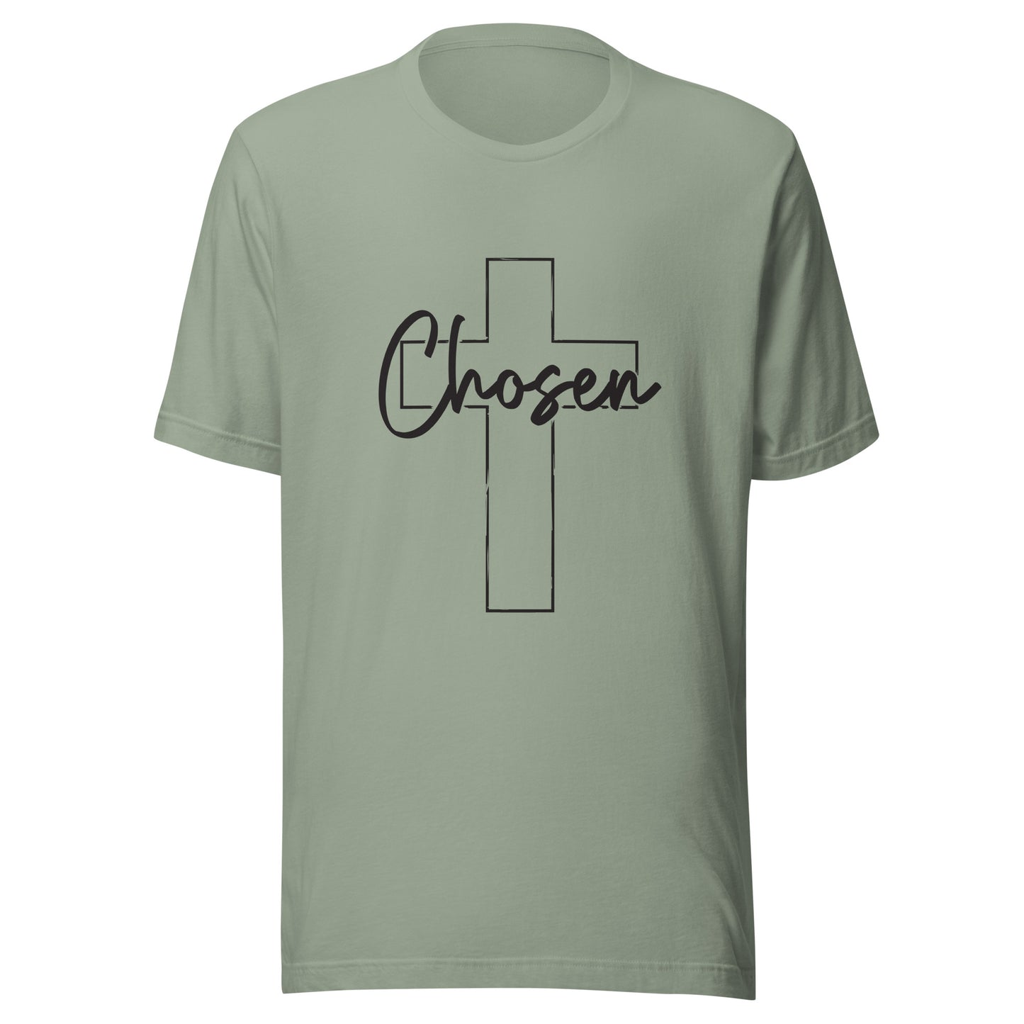 Sage unisex short sleeve t-shirt that has a Christian cross and has the word chosen acrossed it. 