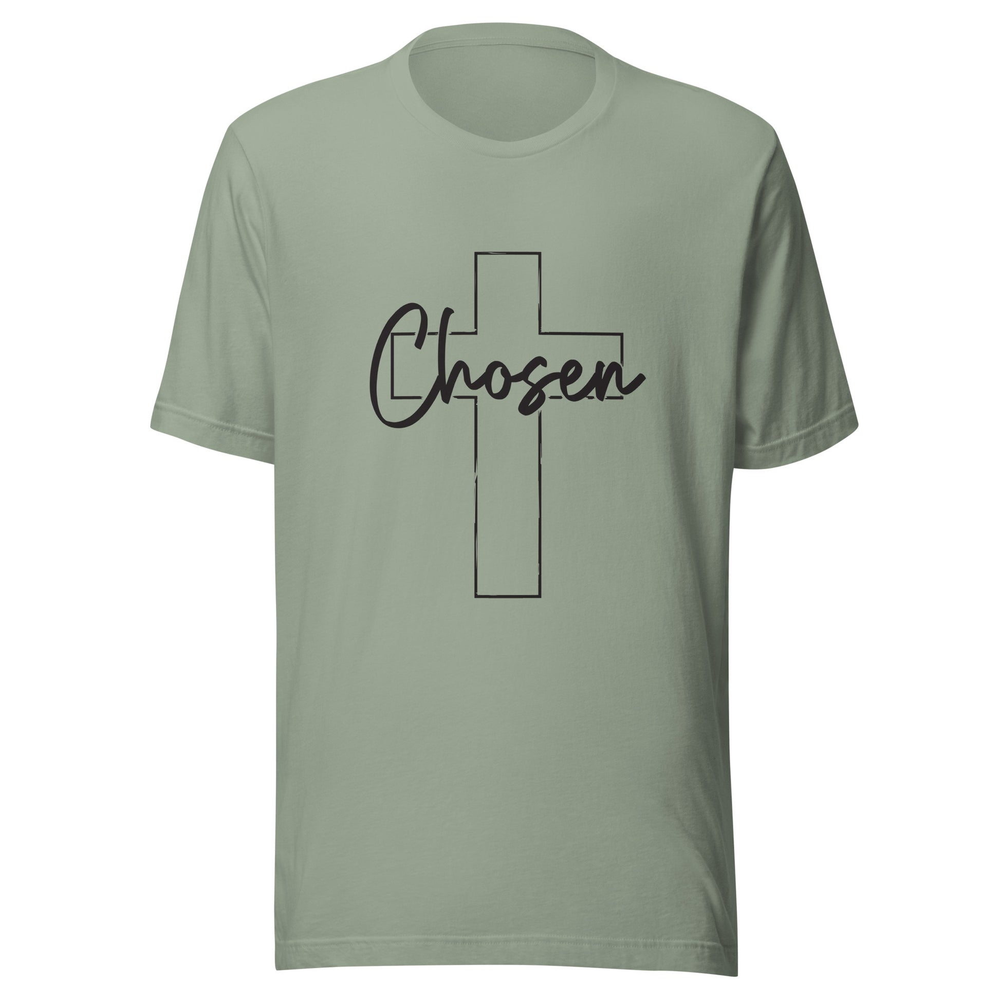 Sage unisex short sleeve t-shirt that has a Christian cross and has the word chosen acrossed it. 