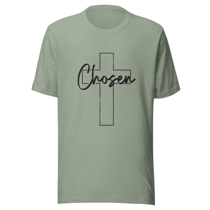 Sage unisex short sleeve t-shirt that has a Christian cross and has the word chosen acrossed it. 