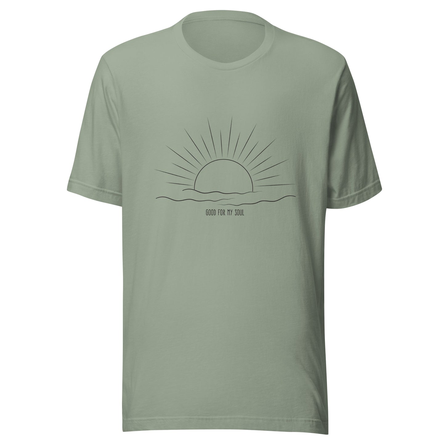 Sage unisex short sleeve t-shirt that states 'Good for my soul' with a sunsetting above the words all in black color.