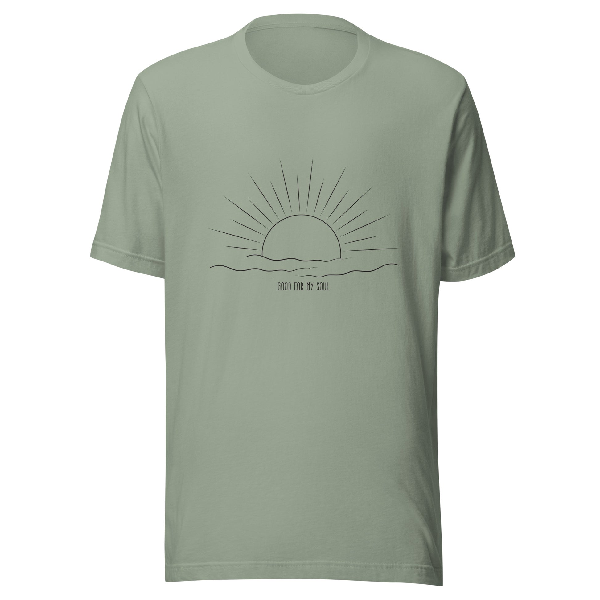 Sage unisex short sleeve t-shirt that states 'Good for my soul' with a sunsetting above the words all in black color.