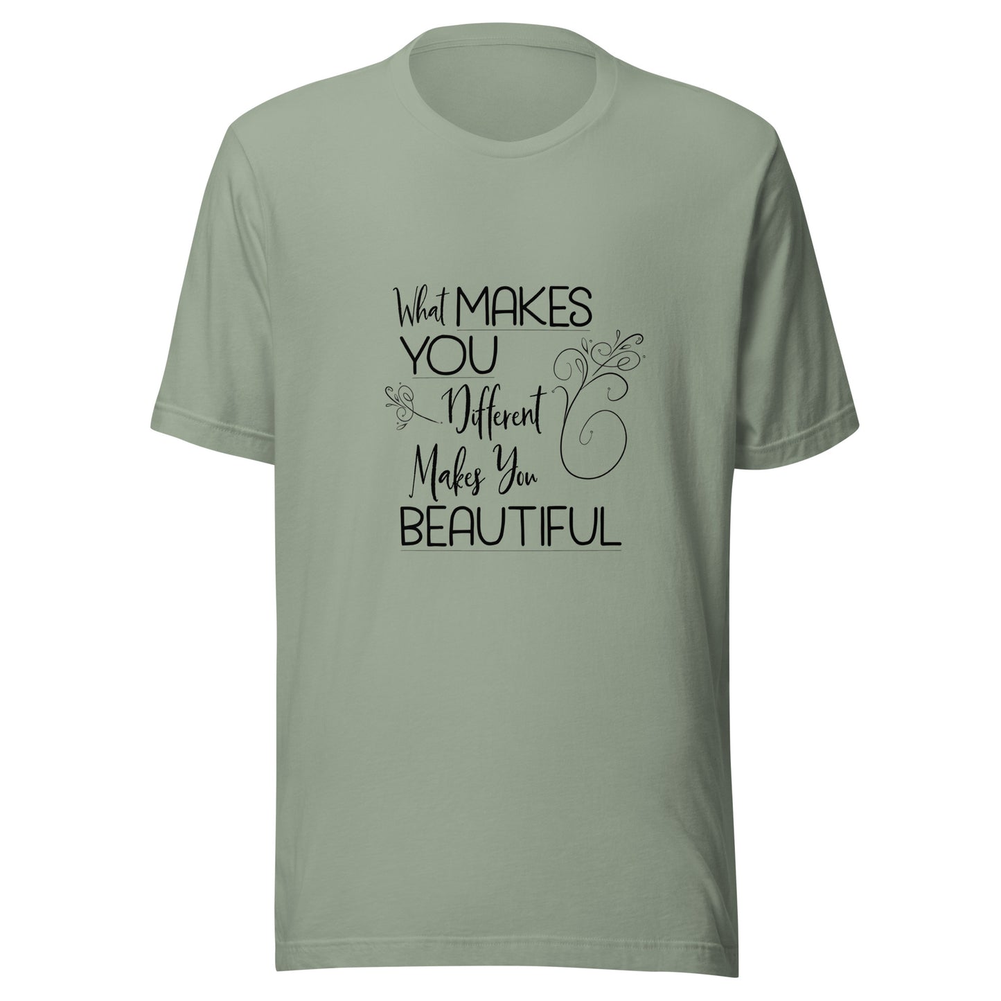 Sage unisex short sleeve t-shirt that states 'What makes you different makes you beautiful'.