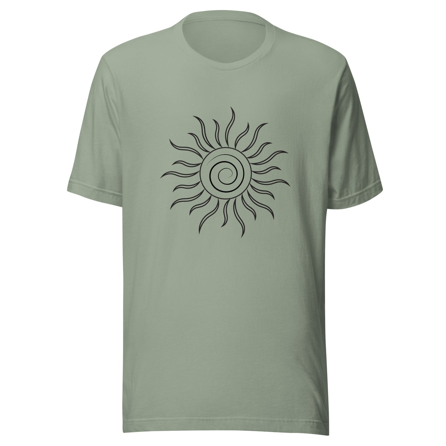 Sage unisex short sleeve t-shirt with spiral sun and black fiery looking rays all black ink.