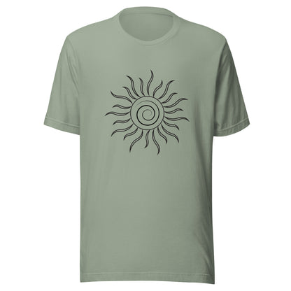 Sage unisex short sleeve t-shirt with spiral sun and black fiery looking rays all black ink.