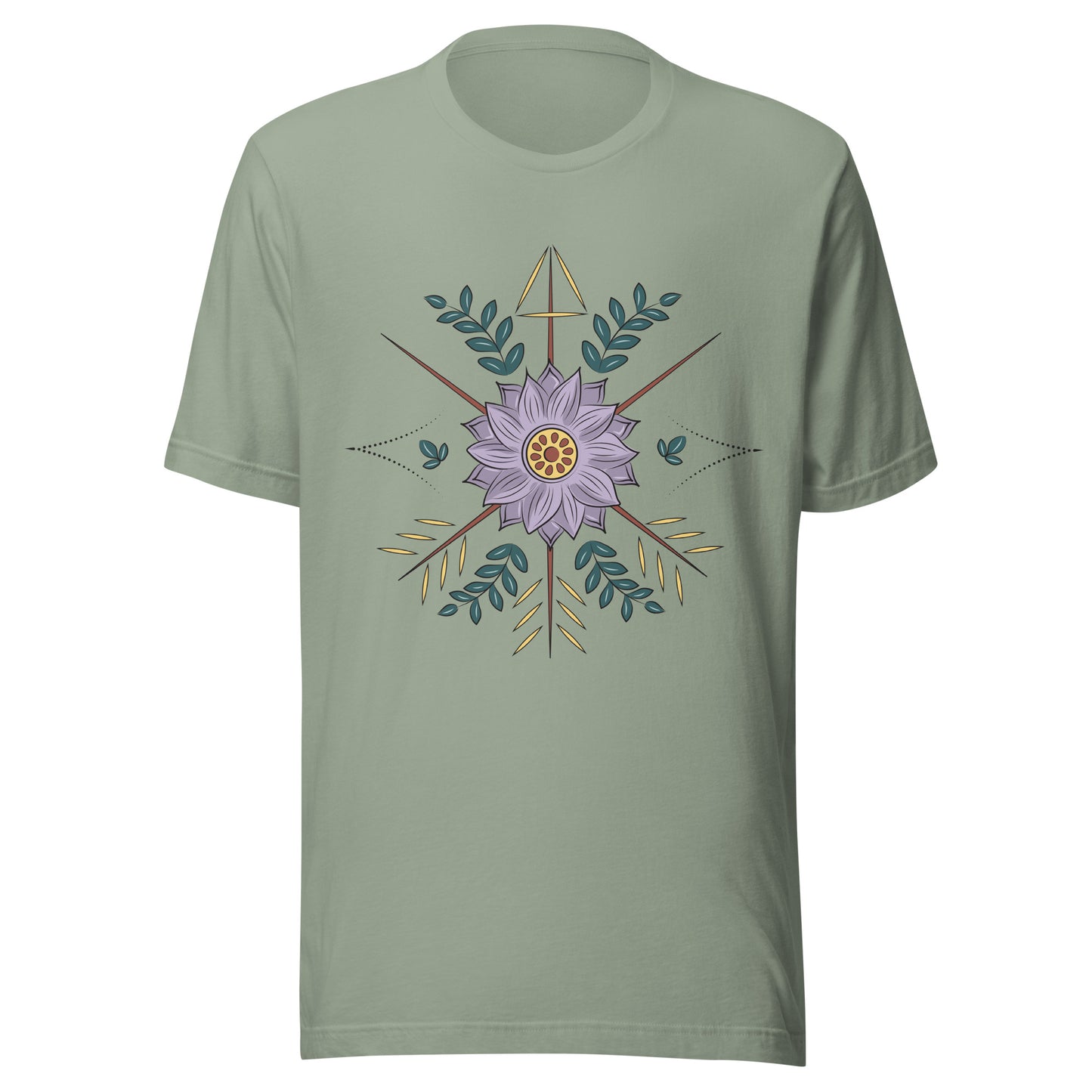 Sage unisex short sleeve t-shirt with a purple flower with arrow surrounding it.