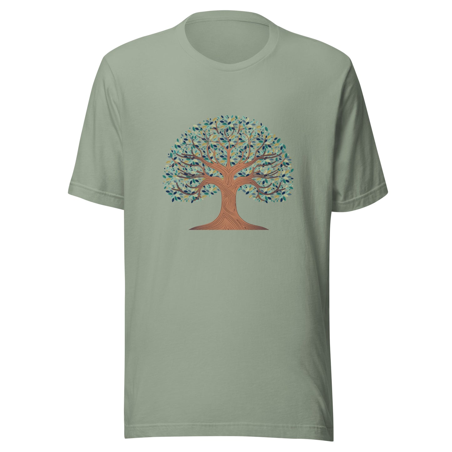 Sage unisex t-shirt with a tree of life with colorful leaves. 
