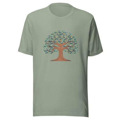 Sage unisex t-shirt with a tree of life with colorful leaves. 