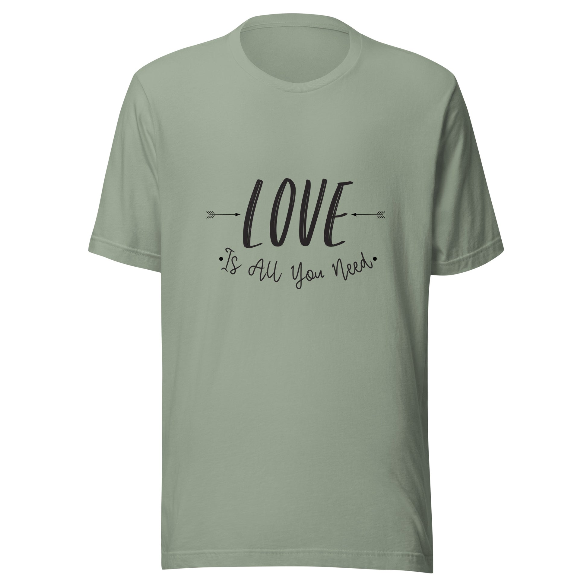 Sage unisex t-shirt that says 'Love is all you need' with two arrows pointing at the word love. 