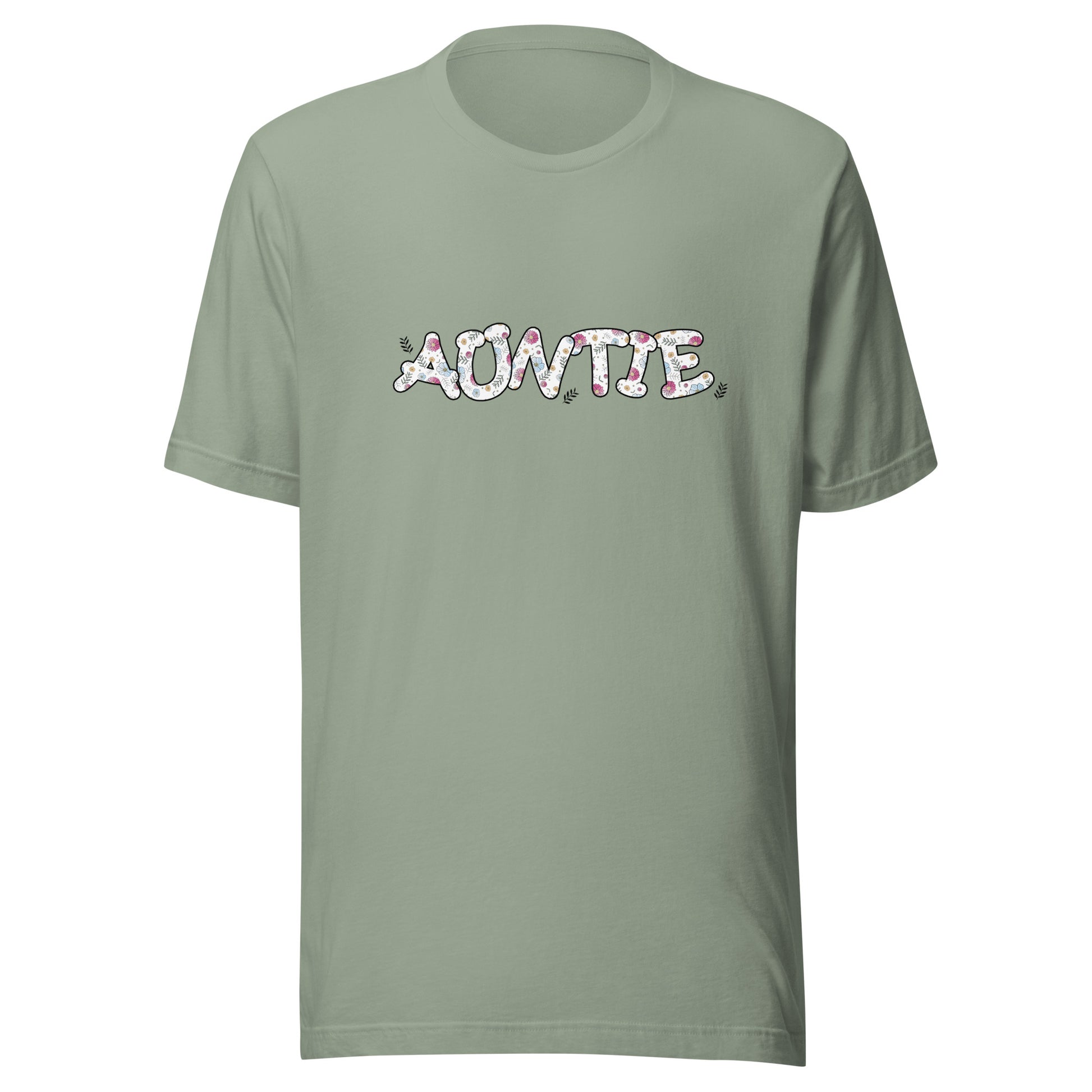 Sage short sleeve unisex t-shirt that says Auntie on the front written in cute font with flowers inside each letter. 