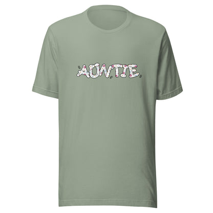 Sage short sleeve unisex t-shirt that says Auntie on the front written in cute font with flowers inside each letter. 