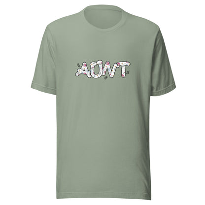 Sage short sleeve unisex t-shirt that says Aunt on the front written in cute font with flowers inside each letter. 
