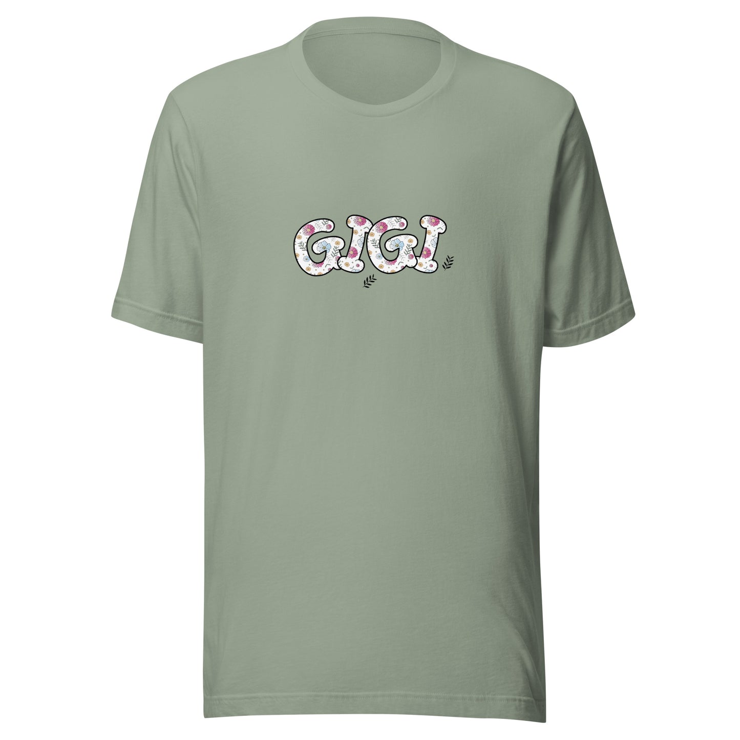 Sage short sleeve unisex t-shirt that says Gigi on the front written in cute font with flowers inside each letter. 