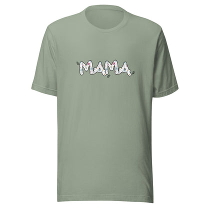 Sage short sleeve unisex t-shirt that says Mama on the front written in cute font with flowers inside each letter. 