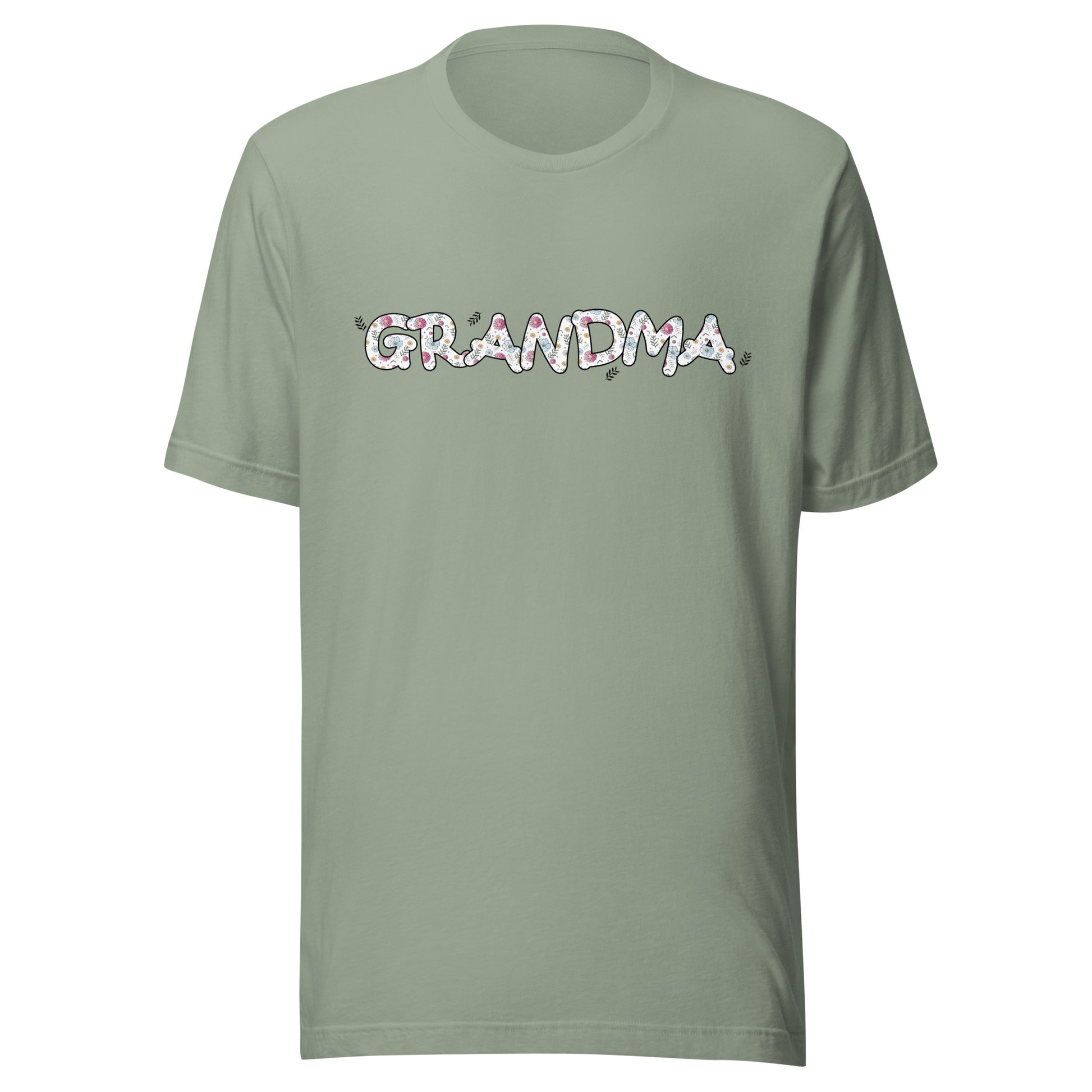Sage short sleeve unisex t-shirt that says Grandma on the front written in cute font with flowers inside each letter. 