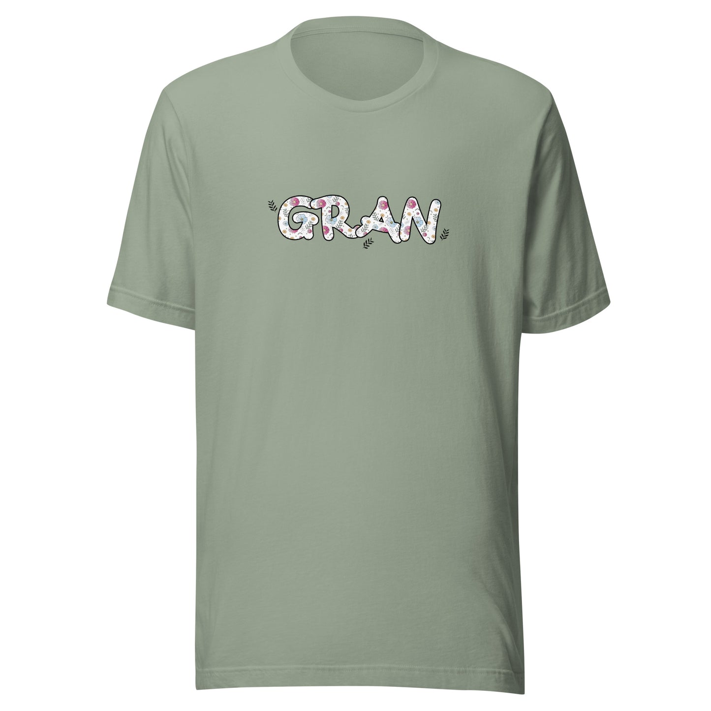 Sge short sleeve unisex t-shirt that says Gran on the front written in cute font with flowers inside each letter. 
