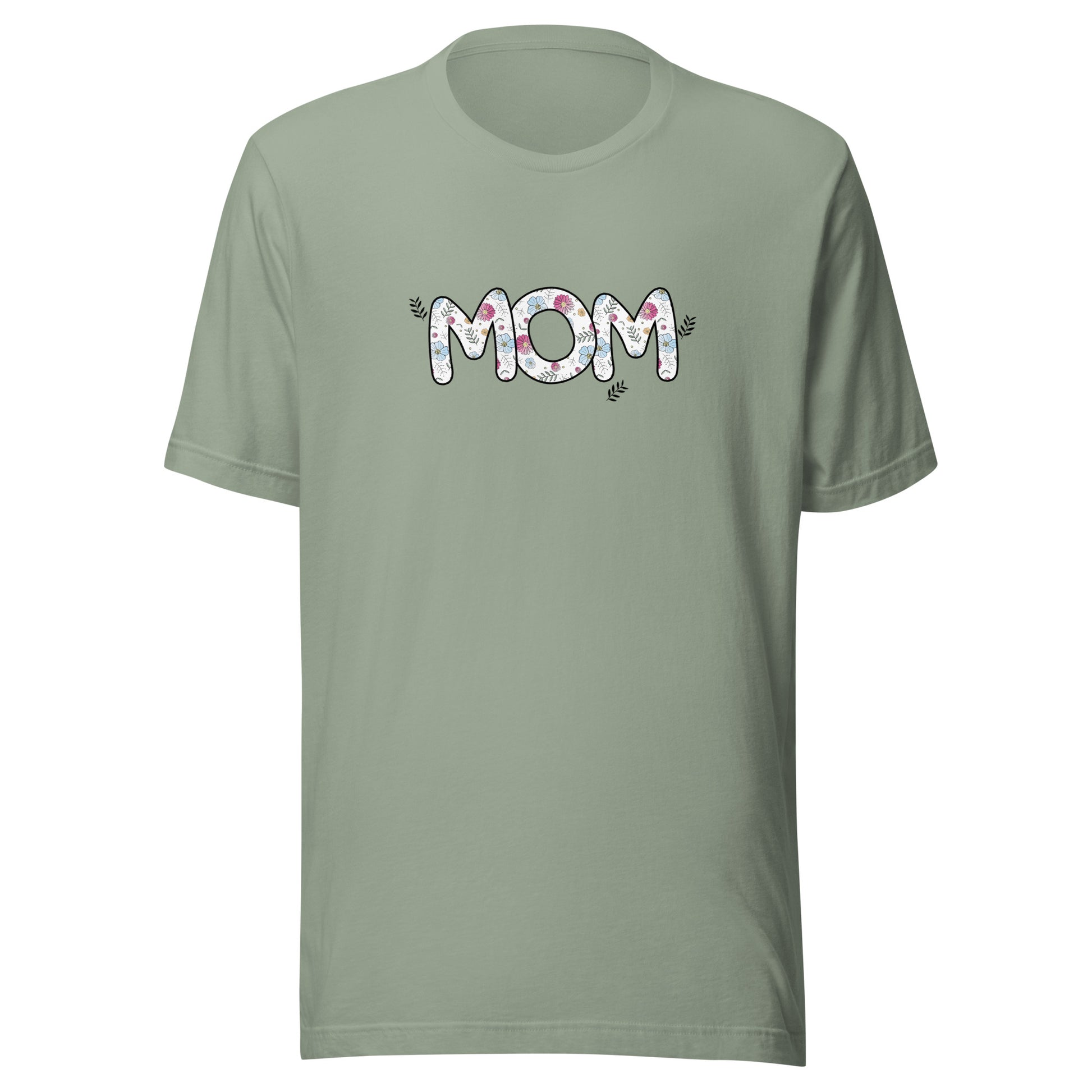 Sage short sleeve unisex t-shirt that says Mom on the front written in cute font with flowers inside each letter. 