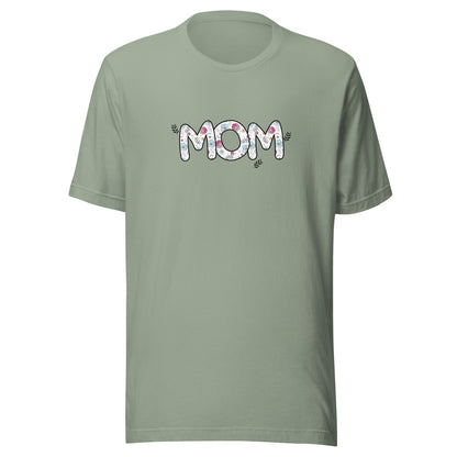 Sage short sleeve unisex t-shirt that says Mom on the front written in cute font with flowers inside each letter. 
