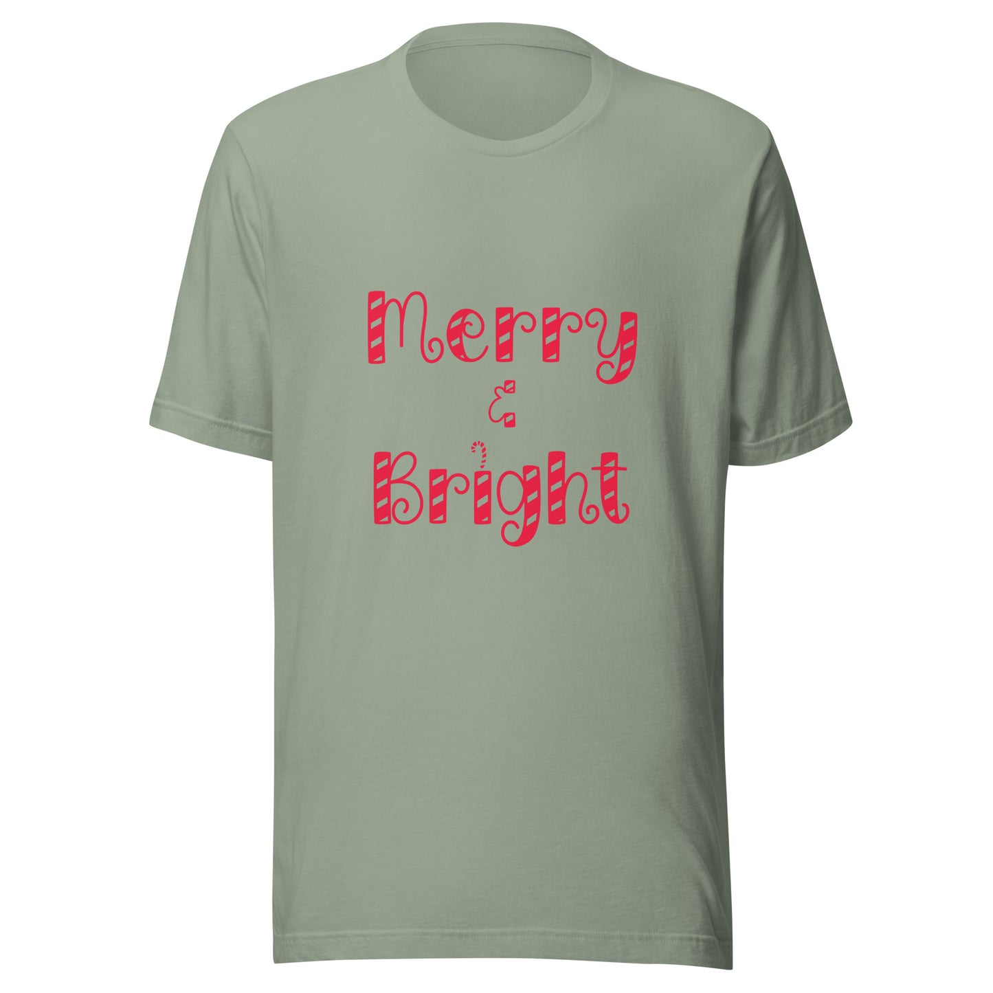 Product mockupMerry & Bright typography Christmas design Unisex short sleeve T-shirt in sage.