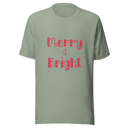 Product mockupMerry & Bright typography Christmas design Unisex short sleeve T-shirt in sage.