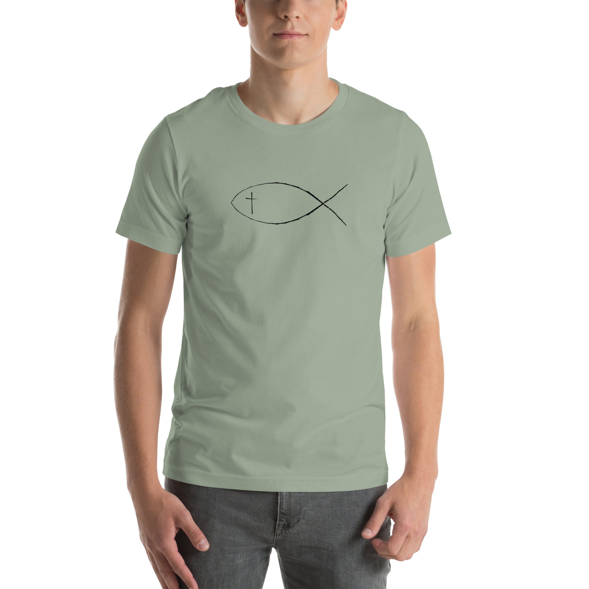 Sage Unisex short sleeve t-shirt with Christan fish and cross. 