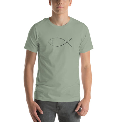 Sage Unisex short sleeve t-shirt with Christan fish and cross. 