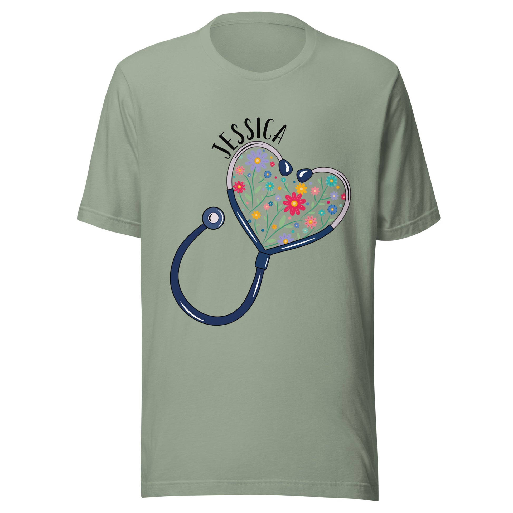 Unisex sage short sleeve t-shirt with a stethoscope in the shape of a heart with multi-colored flowers inside and personalized with a name hugging the top of the heart shape. 