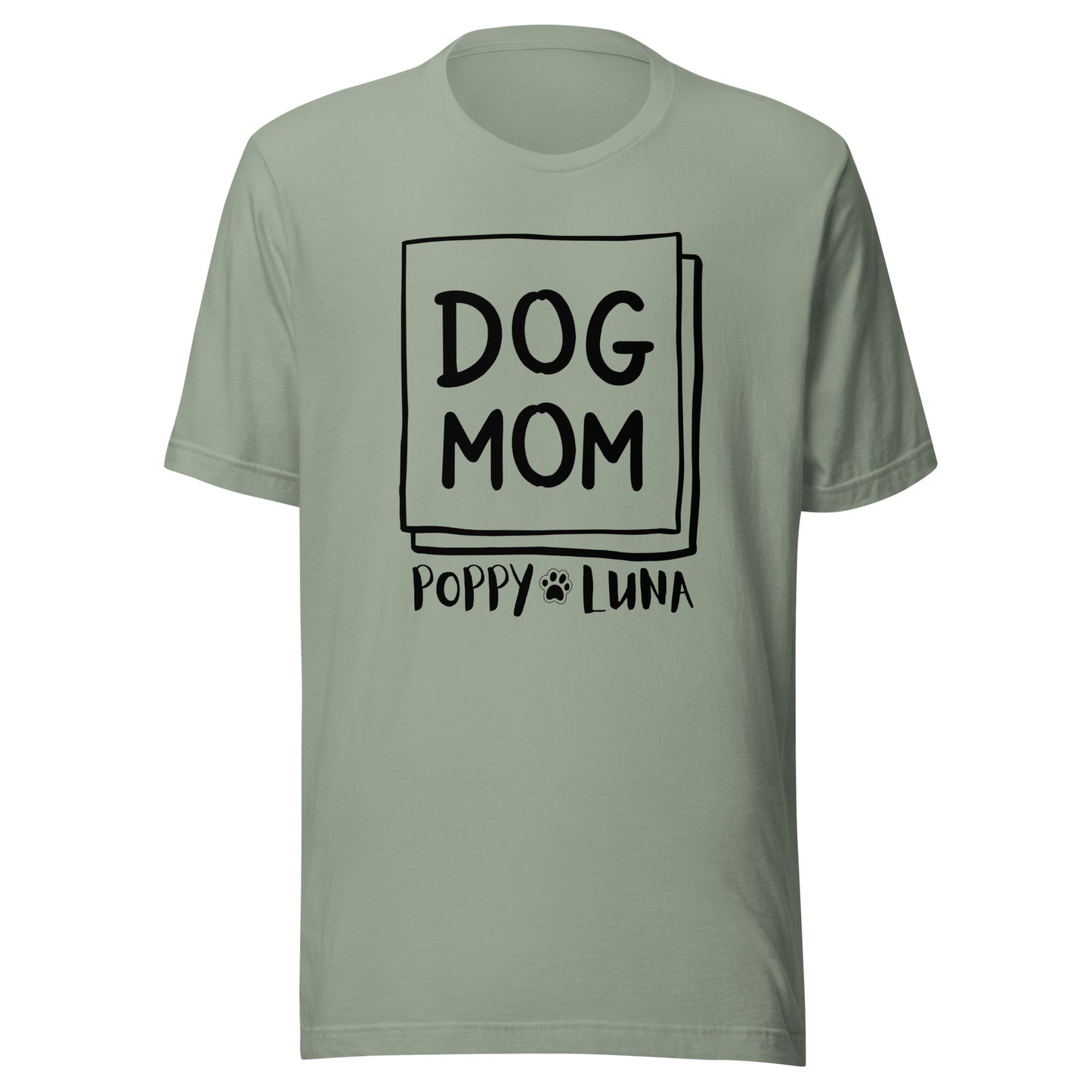 Personalized pet Unisex t-shirt with up to six dog names below the words dog mom.