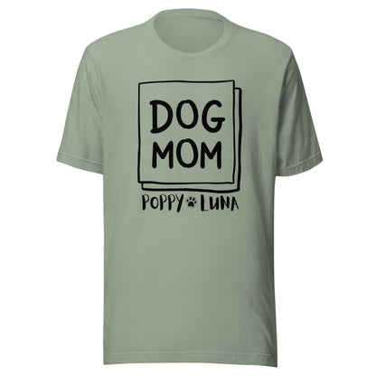 Personalized pet Unisex t-shirt with up to six dog names below the words dog mom.