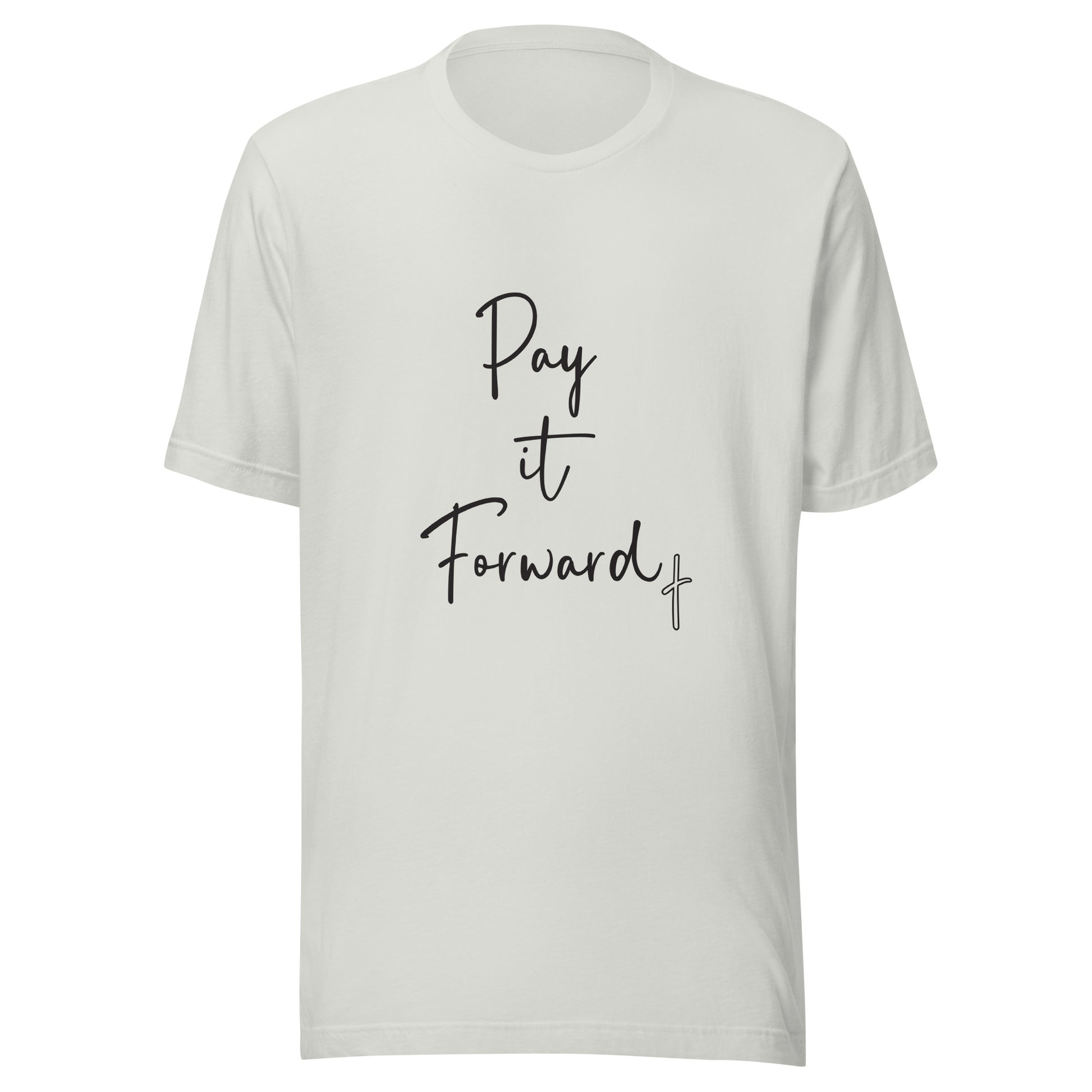 Silver unisex short sleeve t-shirt that says Pay if Forward with a small cross.