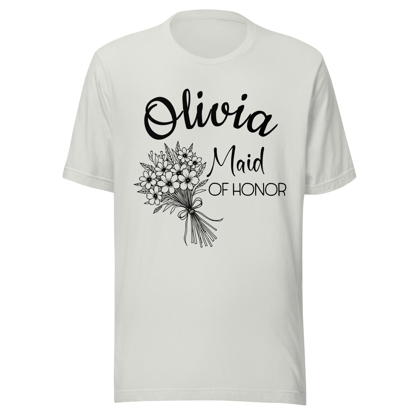 Personalized Maid of Honor t-shirt with name and large bouquet.
