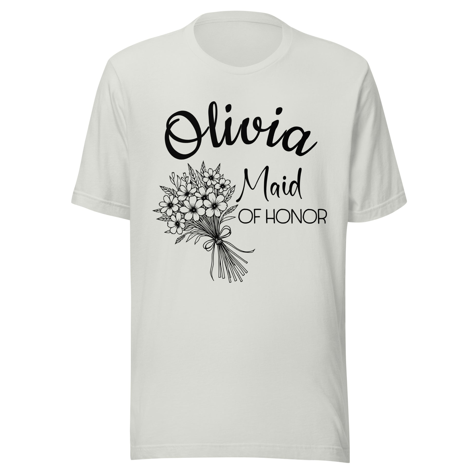 Personalized Maid of Honor t-shirt with name and large bouquet.