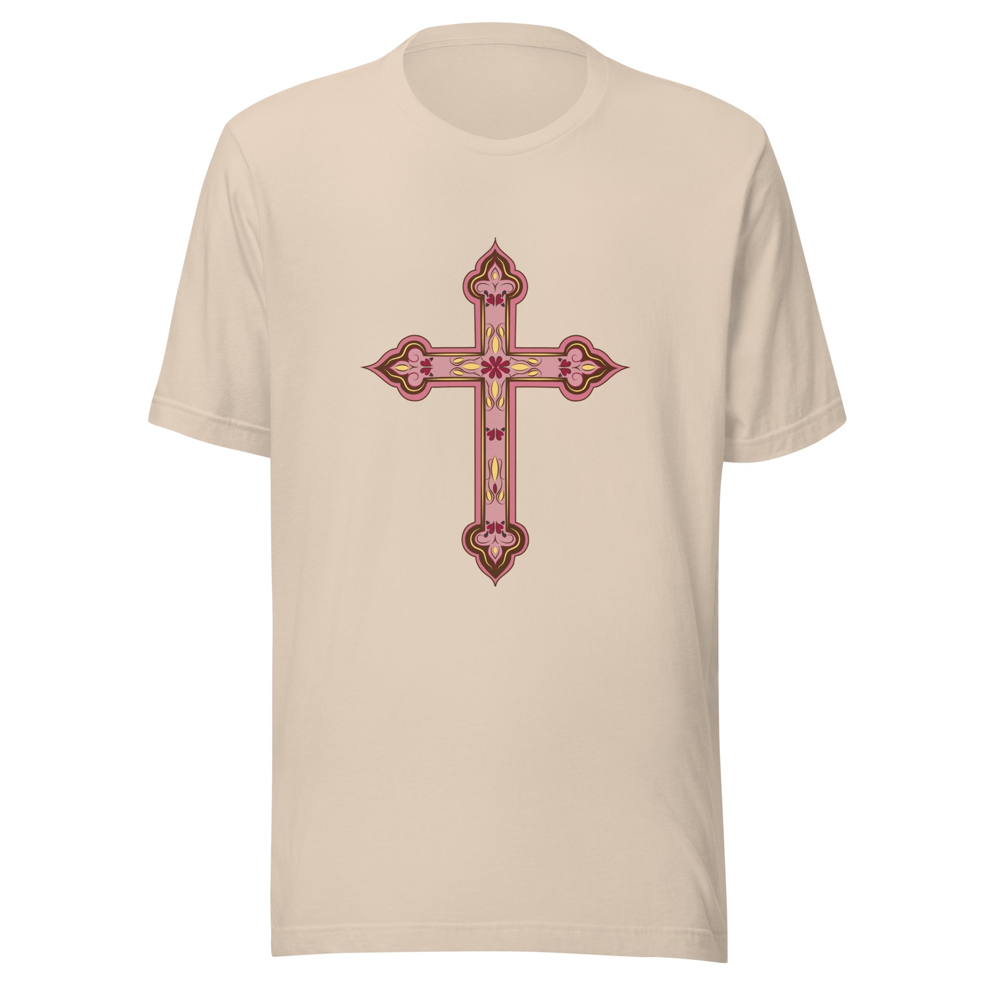 Cream short sleeve unisex tee ornately decorated colored Christian Cross. 