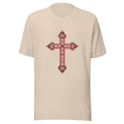 Cream short sleeve unisex tee ornately decorated colored Christian Cross. 