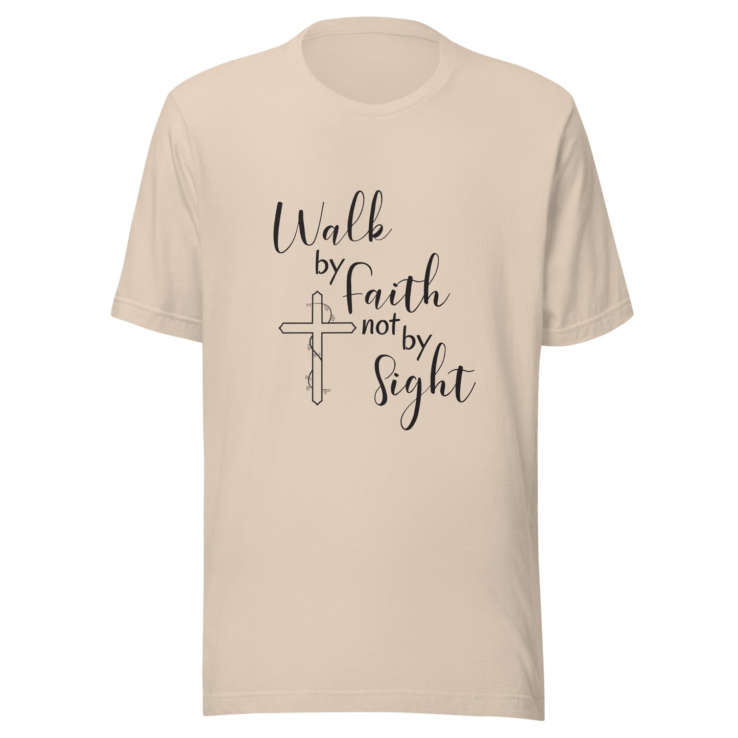 Cream unisex short sleeve t-shirt that says Walk by faith not by sight and has a cross with ivy. 