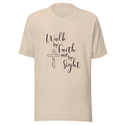 Cream unisex short sleeve t-shirt that says Walk by faith not by sight and has a cross with ivy. 