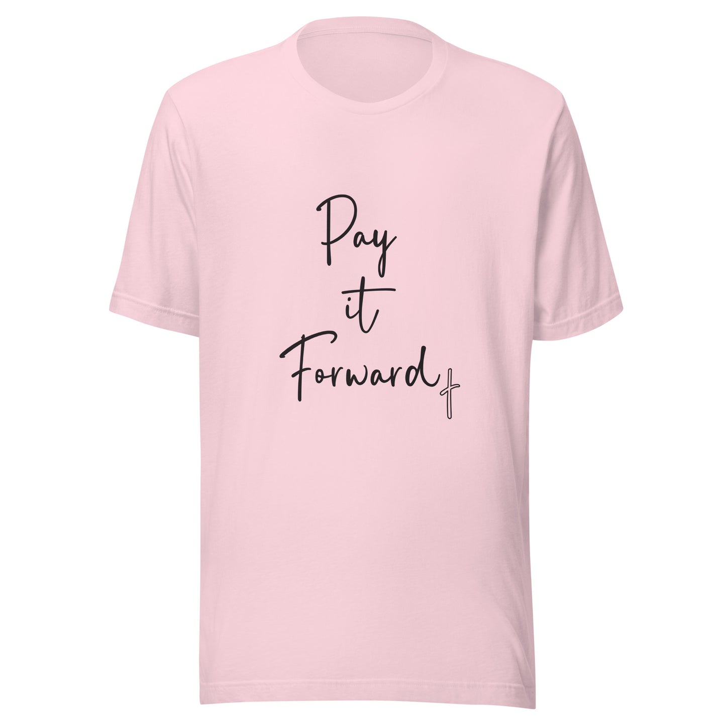 Soft pink unisex short sleeve t-shirt that says Pay if Forward with a small cross.
