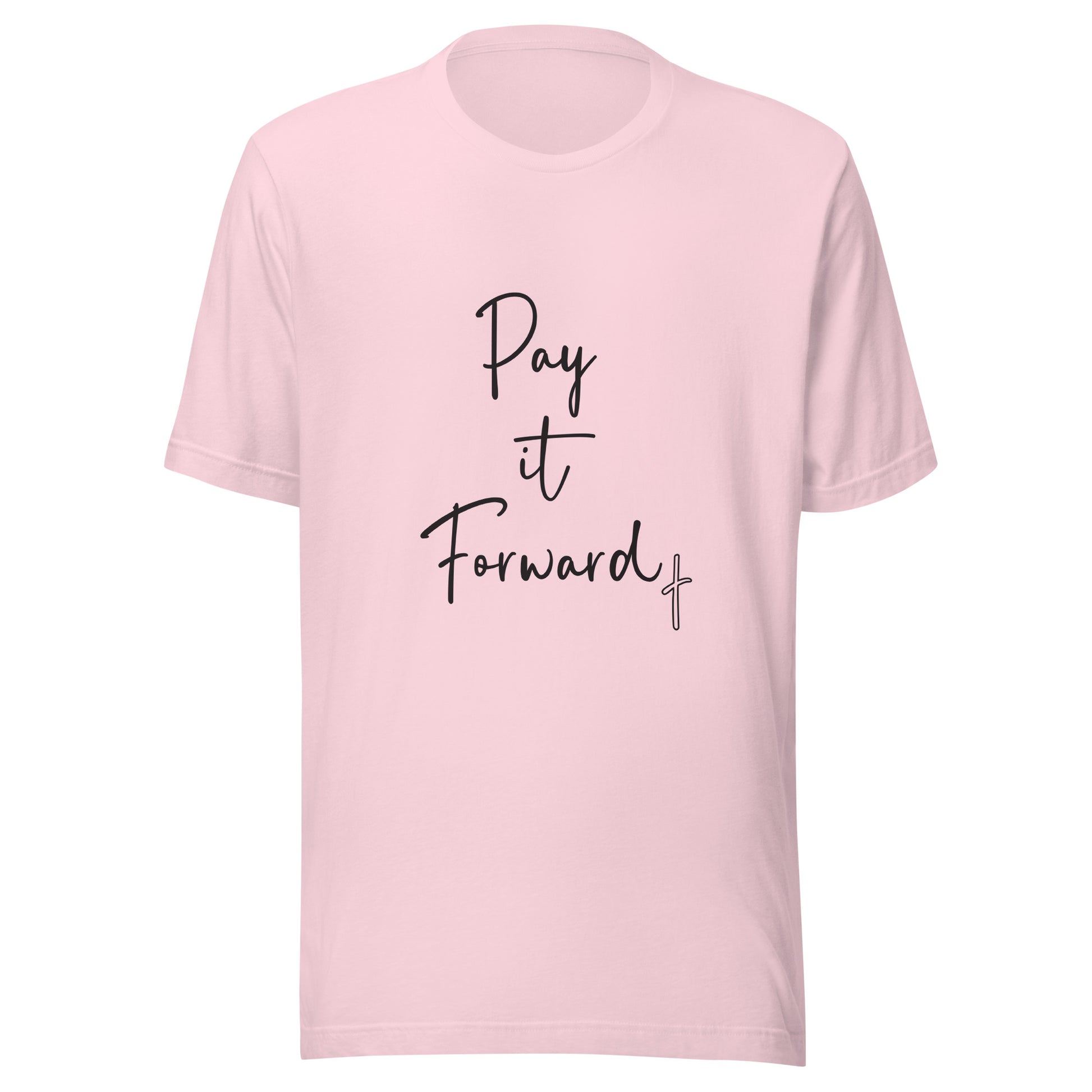 Soft pink unisex short sleeve t-shirt that says Pay if Forward with a small cross.