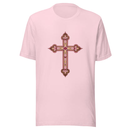 Soft pink short sleeve unisex tee ornately decorated colored Christian Cross. 