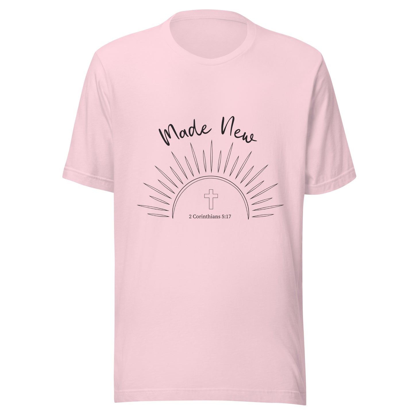 Soft pink short sleeve unisex t-shirt with a Sun and rays below the words 'Made New' and inside the sun is a cross and 2 Corinthians 5:17.