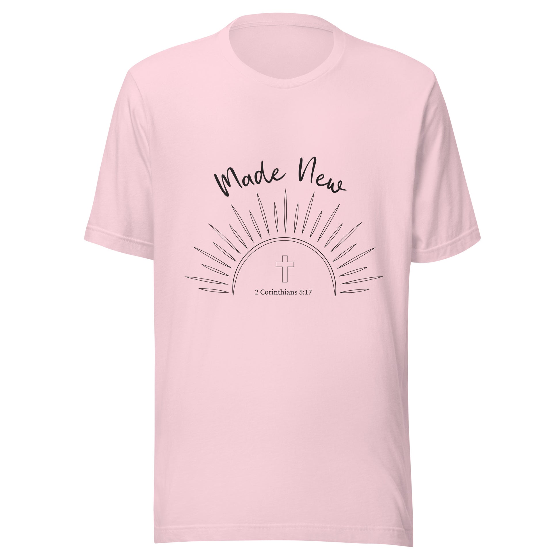 Soft pink short sleeve unisex t-shirt with a Sun and rays below the words 'Made New' and inside the sun is a cross and 2 Corinthians 5:17.
