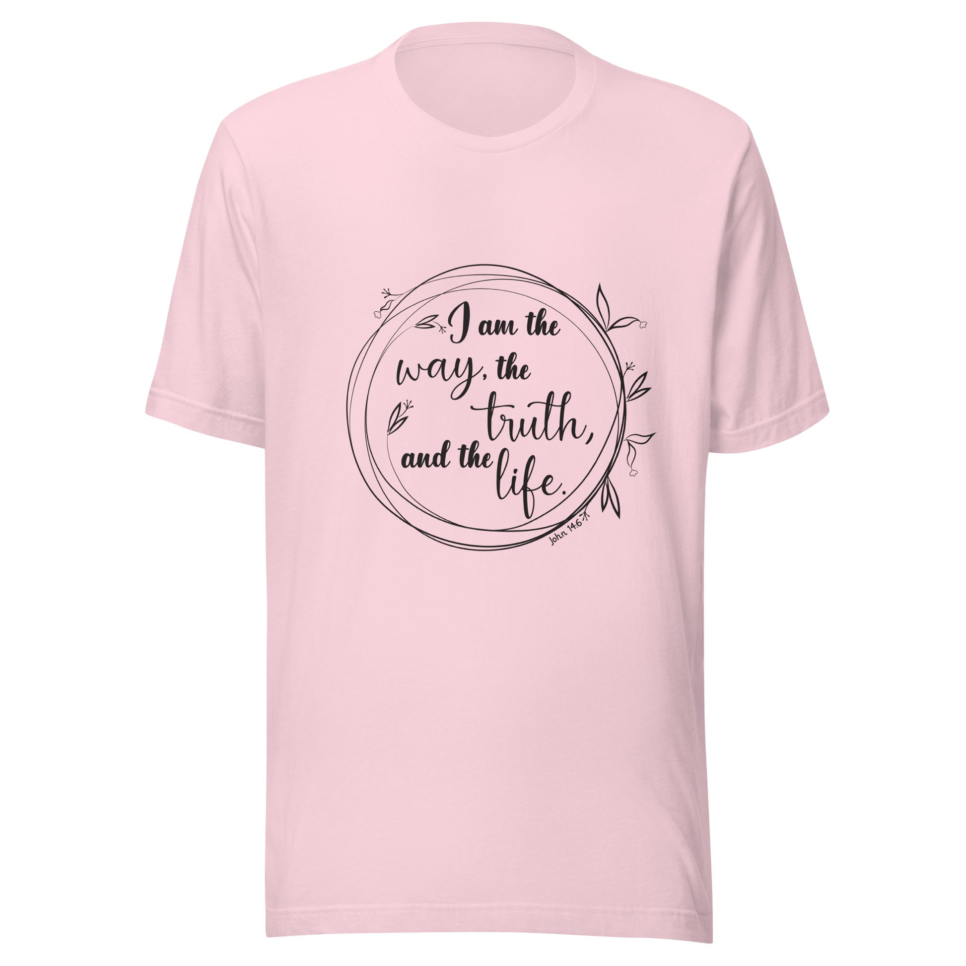 soft pink unisex short sleeve t-shirt with John 14:6 scripture written in a viney circle.