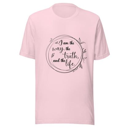 soft pink unisex short sleeve t-shirt with John 14:6 scripture written in a viney circle.