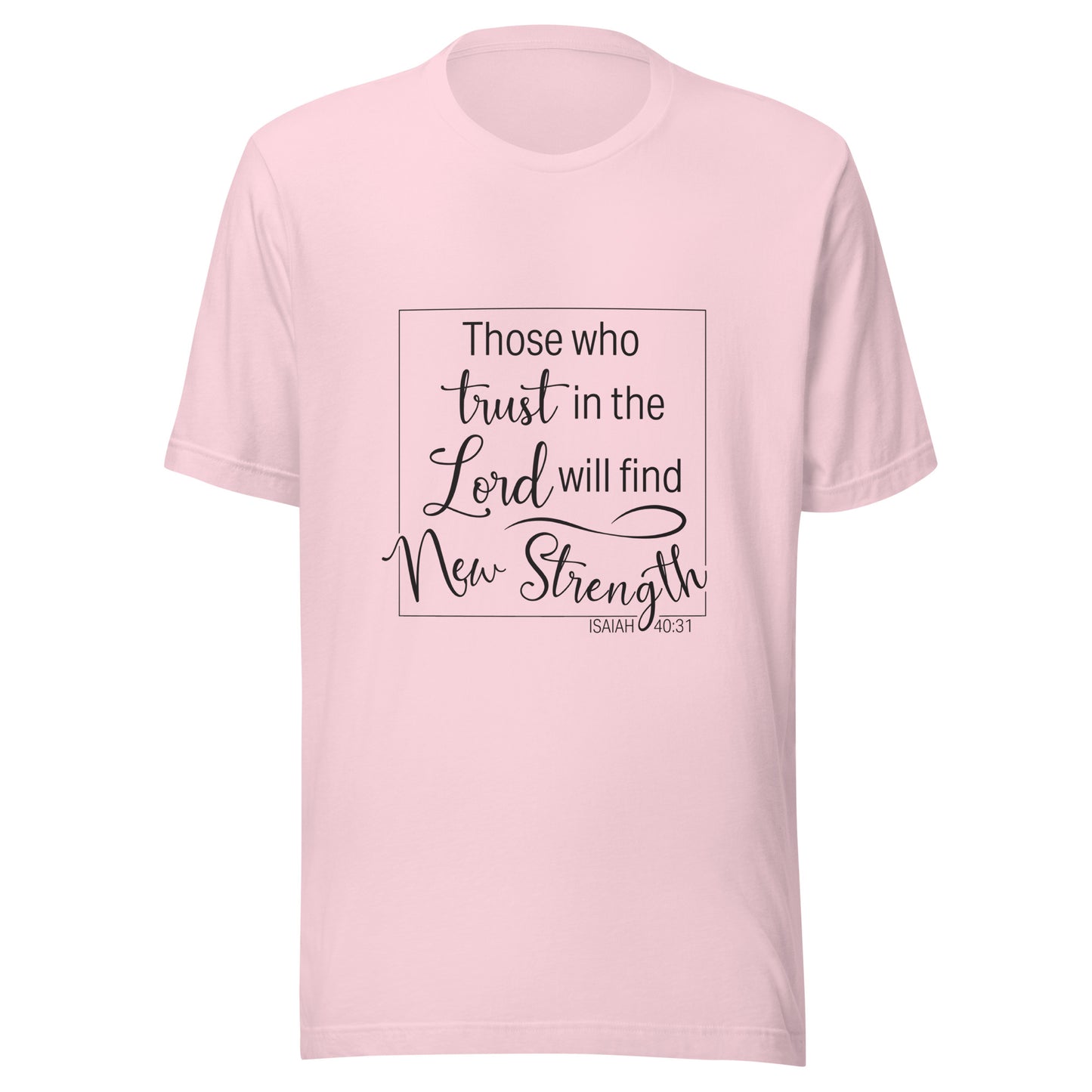 Soft pink unisex short sleeve t-shirt with Isaiah 40:31 scripture written in a square.