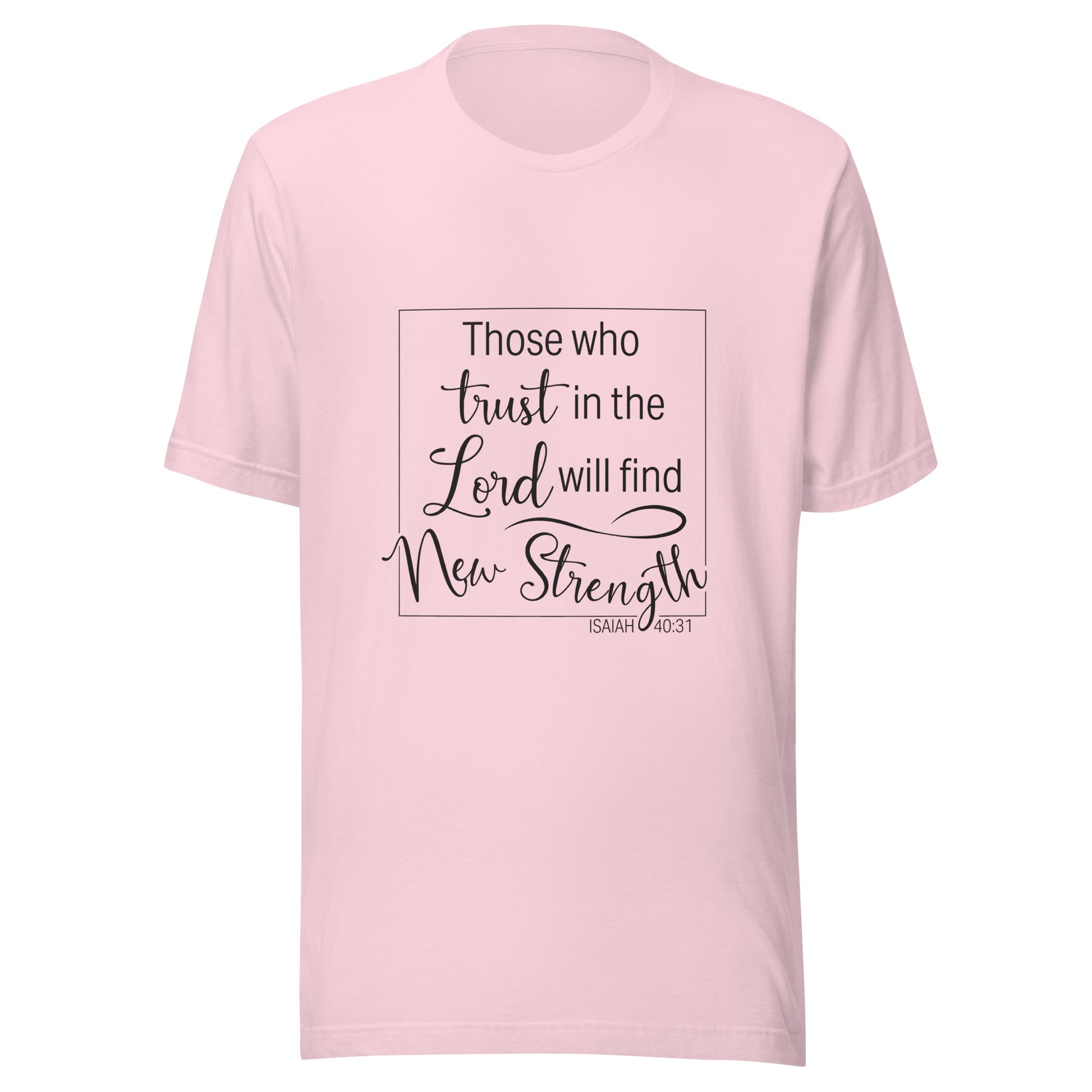 Soft pink unisex short sleeve t-shirt with Isaiah 40:31 scripture written in a square.