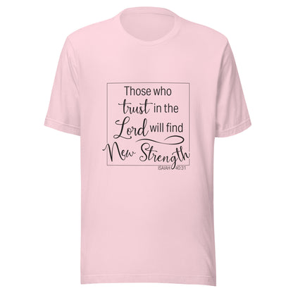 Soft pink unisex short sleeve t-shirt with Isaiah 40:31 scripture written in a square.