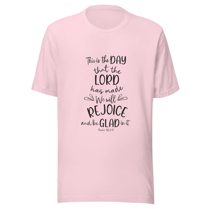 Soft pink unisex short sleeve t-shirt with Psalm 118:24 scripture with a vine up one side of the words.