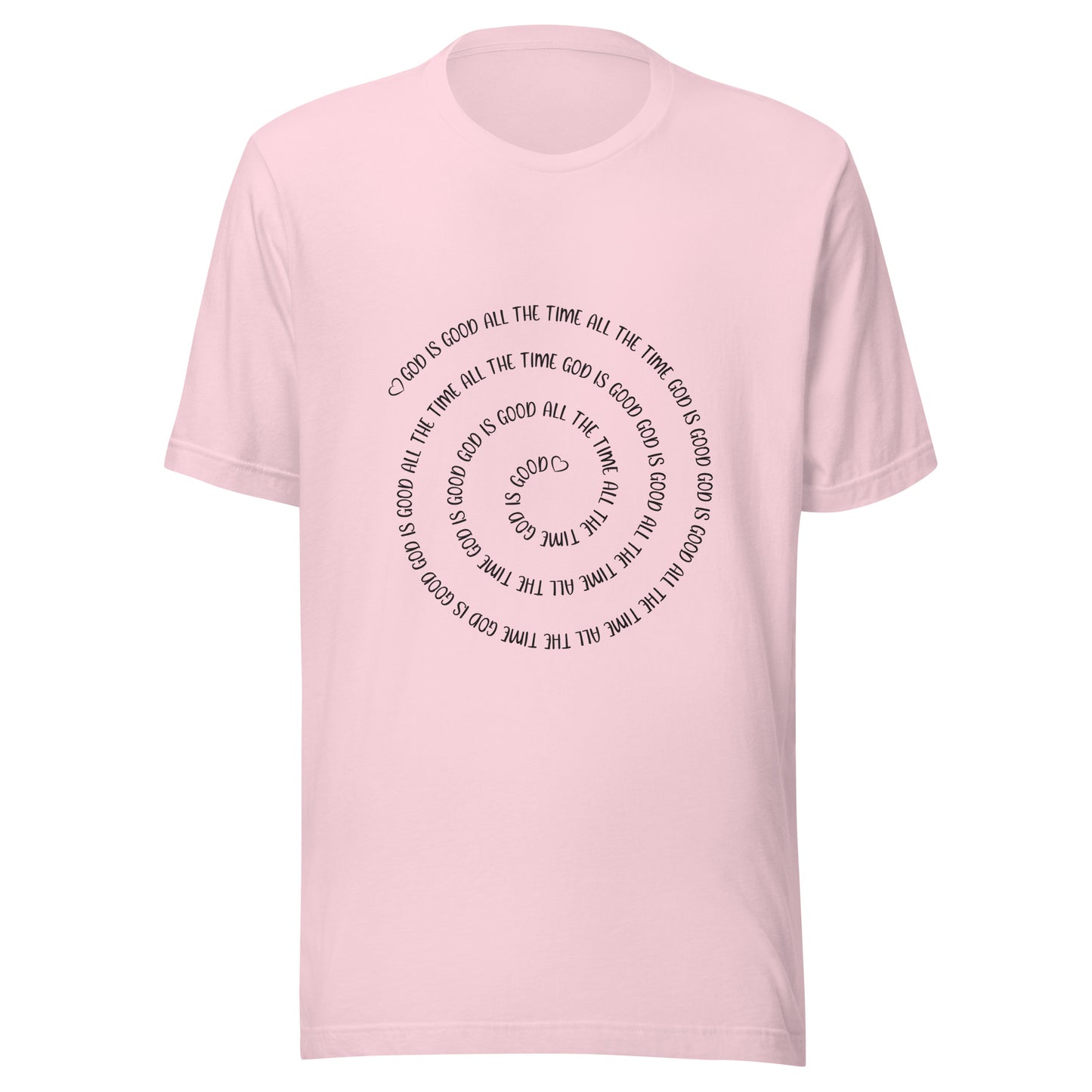 Soft pink short sleeve t-shirt that has a spiral of the words 'God is good all the time all the time God is good', with two small hearts one at the start of the spiral and one at the end in the middle.