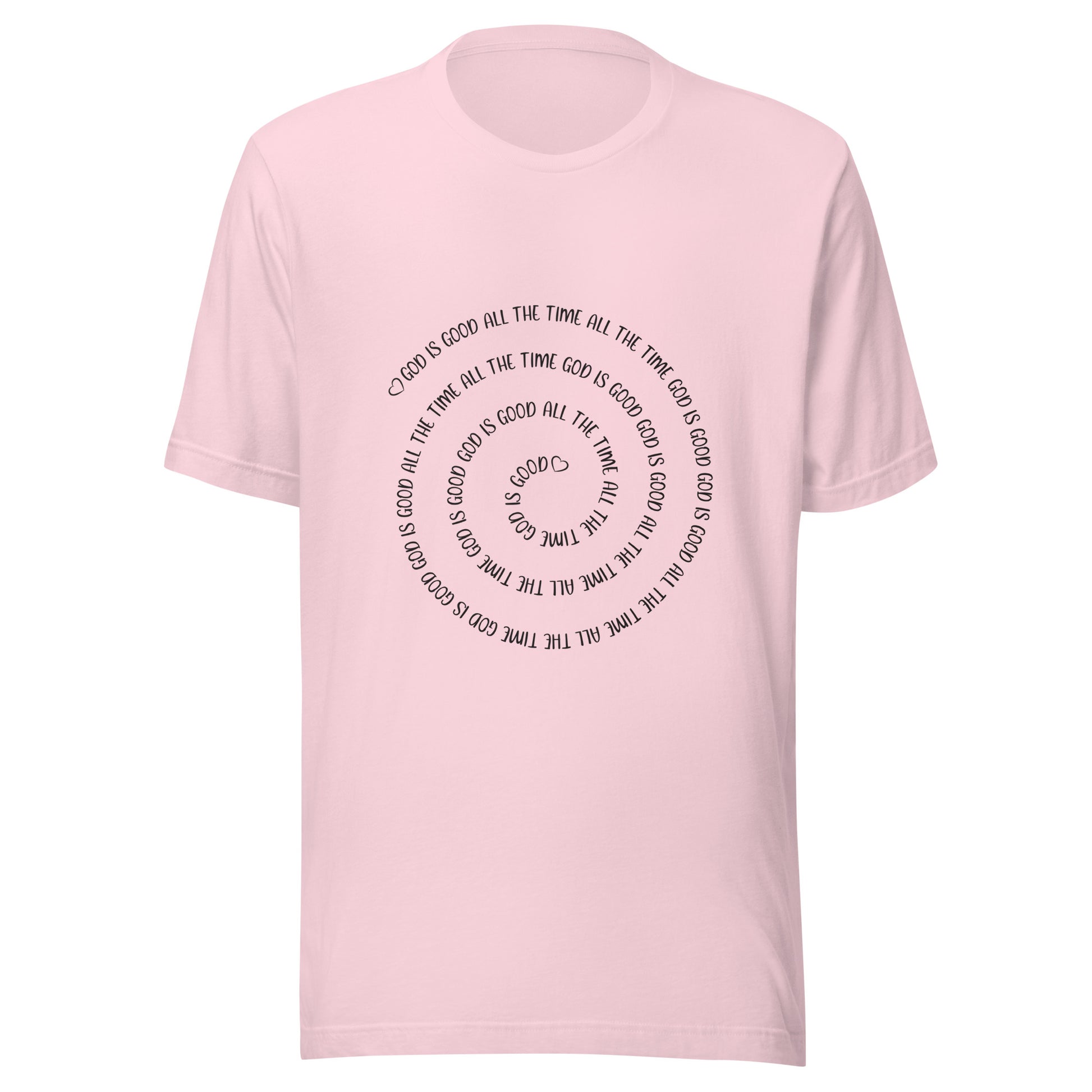 Soft pink short sleeve t-shirt that has a spiral of the words 'God is good all the time all the time God is good', with two small hearts one at the start of the spiral and one at the end in the middle.
