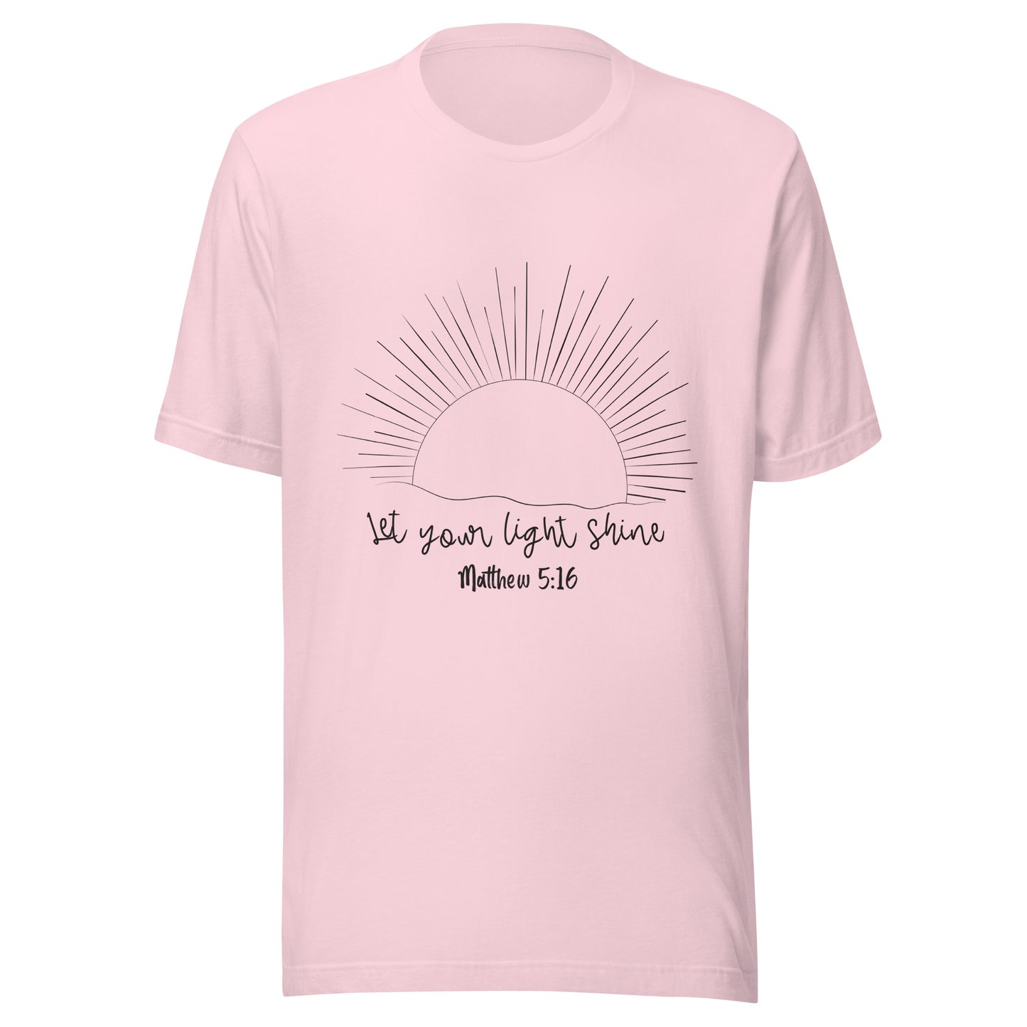Soft pink unisex short sleeve t-shirt that has a sun with many rays and underneath says 'Let your light shine', Matthew 5:16.