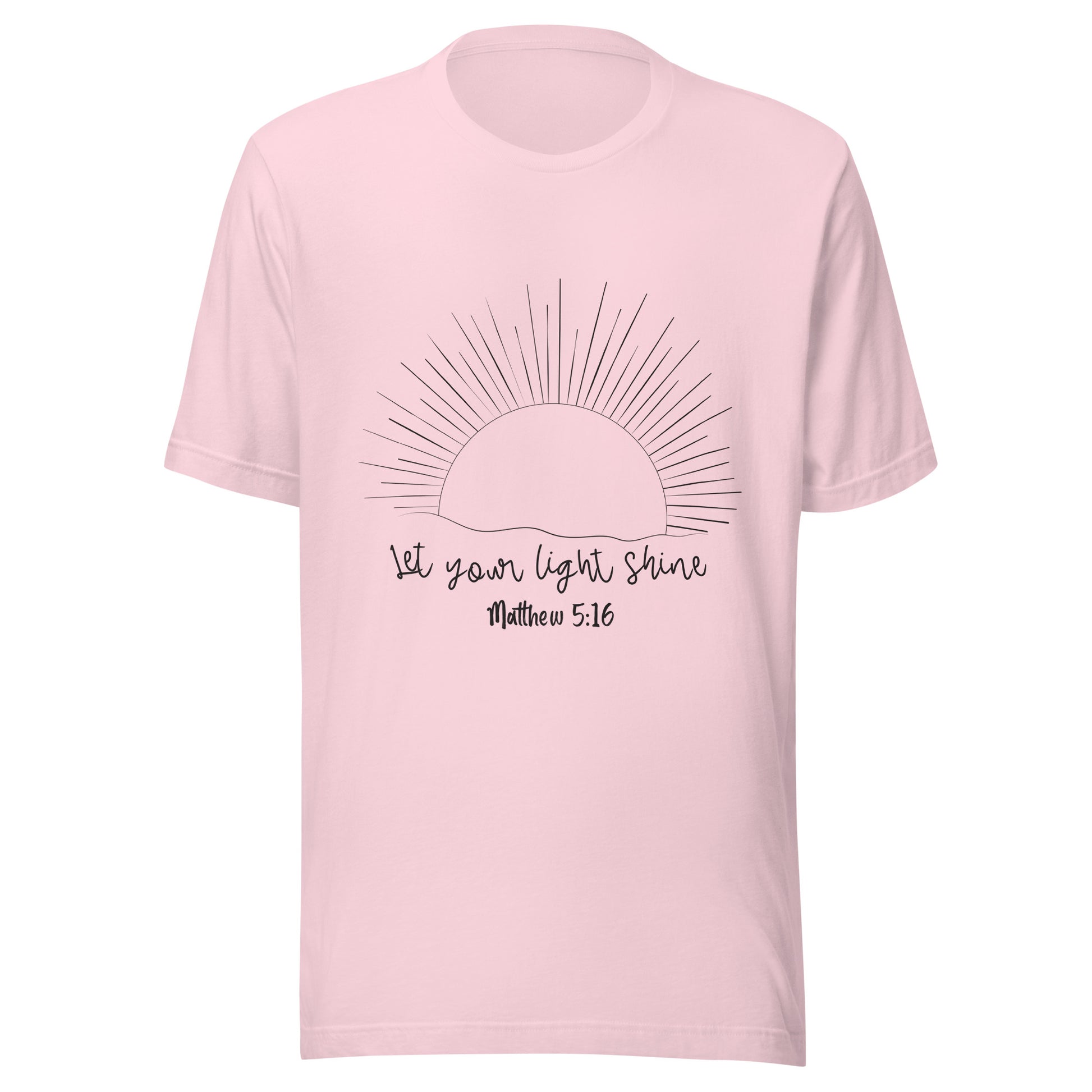 Soft pink unisex short sleeve t-shirt that has a sun with many rays and underneath says 'Let your light shine', Matthew 5:16.